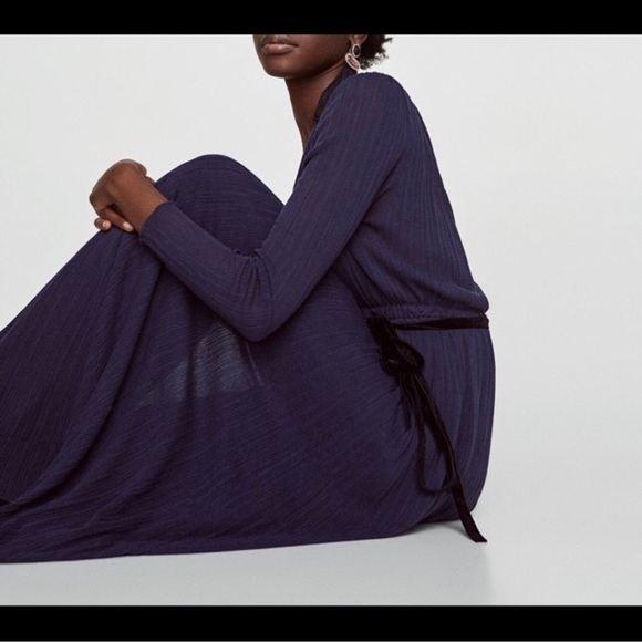 Zara Crossover Wrap Long Dress Velvet Belt Midnight Blue Size Small - Picture 5 of 15